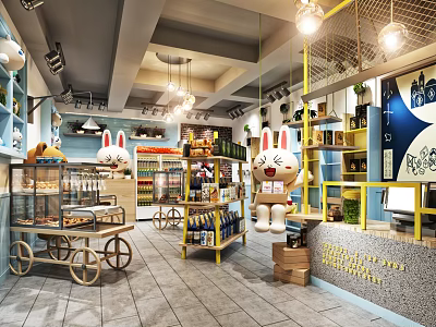 Supermarket Department Store With Rabbit Dolls Shelves Shopping Carts And Product Displays 3d model