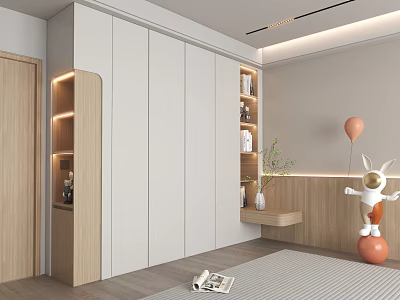 Modern White Wardrobe With Wooden Shelves And Built in Lighting For Minimalist Bedroom Storage 3d model