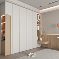 Modern White Wardrobe With Wooden Shelves And Built in Lighting For Minimalist Bedroom Storage