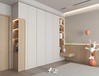 Modern White Wardrobe With Wooden Shelves And Built in Lighting For Minimalist Bedroom Storage 3d model