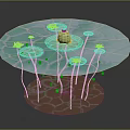 Natural Pond Scene With Lily Pads Pink Lotus Flowers Green Frog And Stems