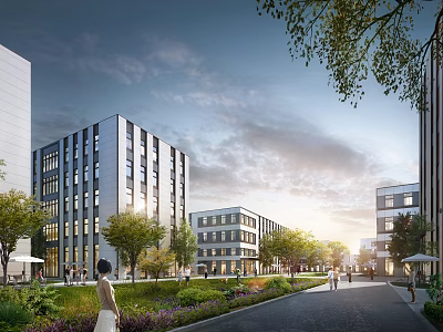 Modern Industrial Park With Modern Buildings Greenery Pedestrian Path And People Walking 3d model