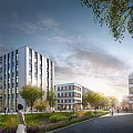 Modern Industrial Park With Modern Buildings Greenery Pedestrian Path And People Walking