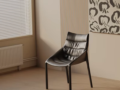 Black Leather Dining Chair In Room With Window Blinds Light Colored Wall And Patterned Art 3d model