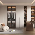 Modern Walk In Closet Interior Design With Built In Wardrobes Open Shelving And Armchair