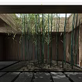 Tall Green Bamboo Indoor Space With Wooden Walls And Roof Structure