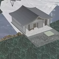 Traditional Chinese Waterside Architecture With Snowy Landscape Trees And Stone Steps