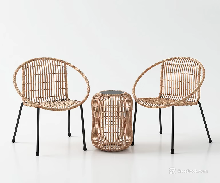 Rattan Furniture Set Featuring Two Round Chairs And A Cylindrical Table With Black Legs 3d model 