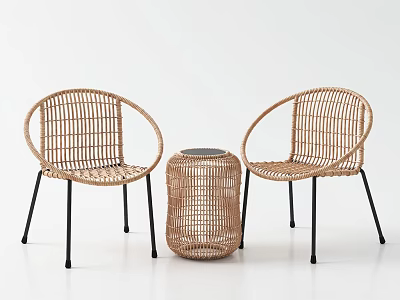 Rattan Furniture Set Featuring Two Round Chairs And A Cylindrical Table With Black Legs 3d model