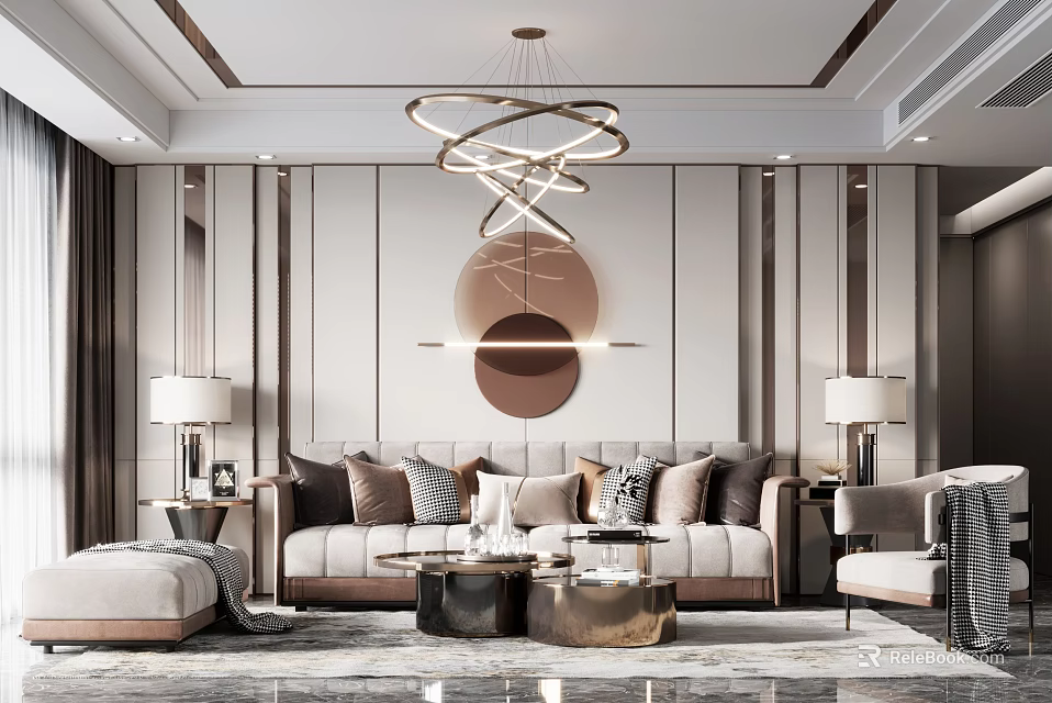 Modern Luxury Sofa and Coffee Table Set With Plush Cushions Gold Frame Chandelier 3d model 