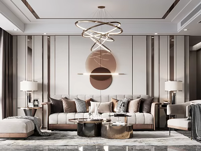 Modern Luxury Sofa and Coffee Table Set With Plush Cushions Gold Frame Chandelier 3d model