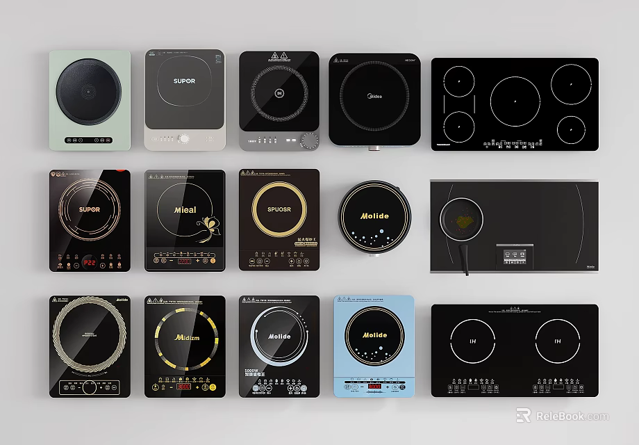 Various Stylish Kitchen Appliances Electric Cooktops With Different Designs Colors And Controls 3d model 