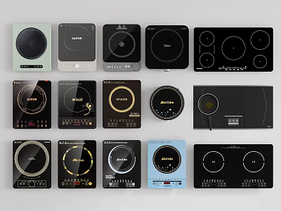 Various Stylish Kitchen Appliances Electric Cooktops With Different Designs Colors And Controls 3d model
