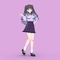 Anime Girl with Long Black Hair Twin Ponytails Purple Shirt Bow Plaid Skirt Lavender Background