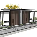 Wooden Double Door Entrance Gate With Yellow Plants On Top And Black Lattice Sides