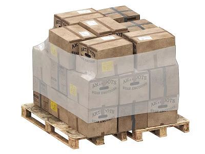 Industrial Equipment Parts Packed In Wrapped Cardboard Boxes On Wooden Pallet 3d model