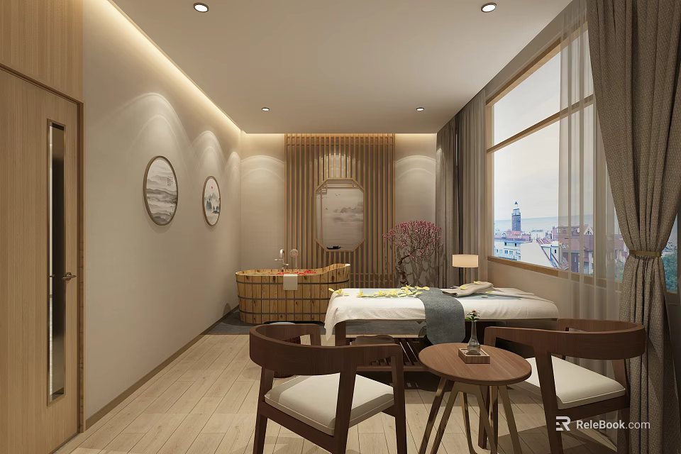 SPA Sauna Room With Wooden Elements Massage Bed Small Table Chairs And City View Window 3d model 
