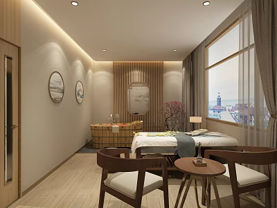 SPA Sauna Room With Wooden Elements Massage Bed Small Table Chairs And City View Window 3d model