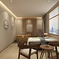 SPA Sauna Room With Wooden Elements Massage Bed Small Table Chairs And City View Window