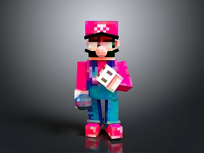 Pixel Style Character With Pink Hat Blue Overalls Holding Game Cartridge 3d model