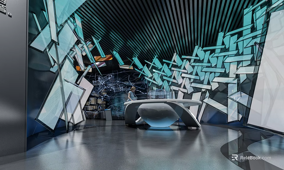 Modern Showroom Featuring Geometric Glass Decorations Black Ceiling Curved Reception Desk And Reflective Floor 3d model 