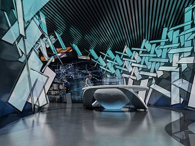 Modern Showroom Featuring Geometric Glass Decorations Black Ceiling Curved Reception Desk And Reflective Floor 3d model