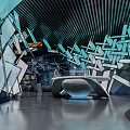 Modern Showroom Featuring Geometric Glass Decorations Black Ceiling Curved Reception Desk And Reflective Floor
