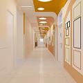 Bright School Interior With Yellow Ceiling Round Lights And Wall Display Frames 3d model