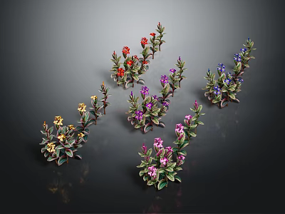 Colorful Decorative Plants With Red Purple Yellow Blue Flowers And Green Leaves 3d model