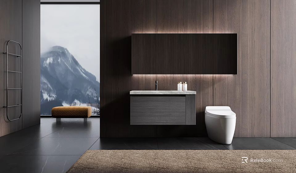 Modern Bathroom Interior With Floating Vanity Wooden Wall And Mountain View Through Window 3d model