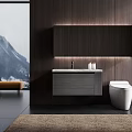 Modern Bathroom Interior With Floating Vanity Wooden Wall And Mountain View Through Window 3d model