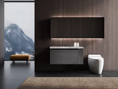 Modern Bathroom Interior With Floating Vanity Wooden Wall And Mountain View Through Window 3d model