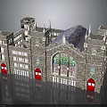 Gothic Style Stone Building With Tower Spires Blue Roof Stained Glass Windows And Red Doors