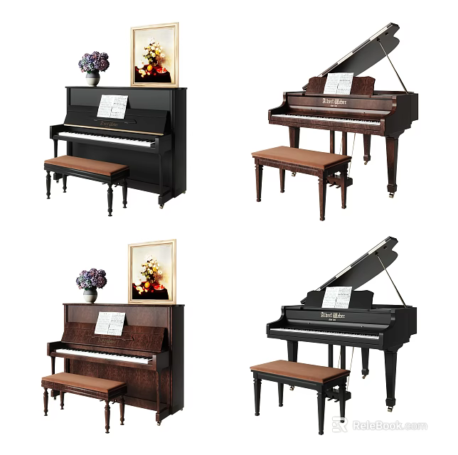 Elegant Musical Instruments and Art Supplies Featuring Pianos Art Frames and Benches in Interior Setup 3d model 
