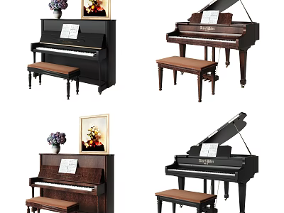 Elegant Musical Instruments and Art Supplies Featuring Pianos Art Frames and Benches in Interior Setup 3d model