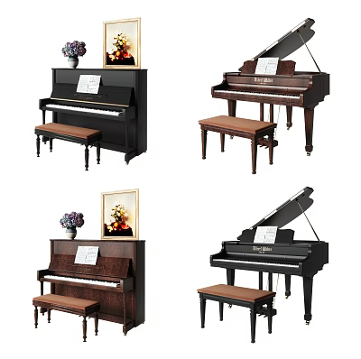 Elegant Musical Instruments and Art Supplies Featuring Pianos Art Frames and Benches in Interior Setup 3d model