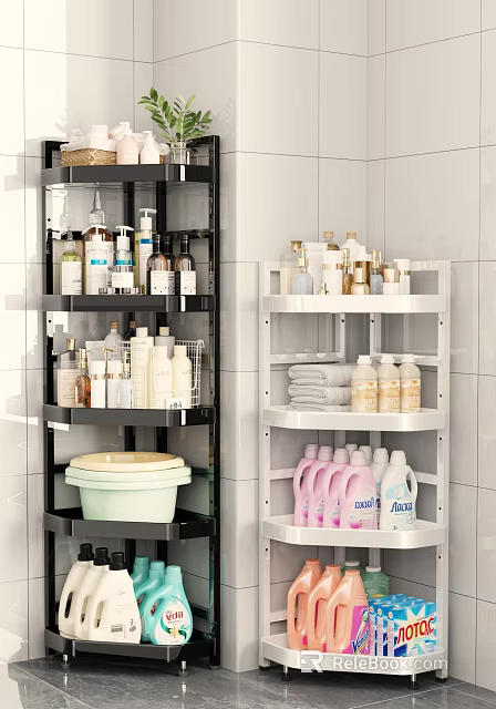 Black And White Bathroom Corner Shelves For Toiletries And Towel Storage 3d model 