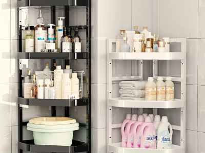 Black And White Bathroom Corner Shelves For Toiletries And Towel Storage 3d model