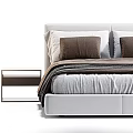 Modern Double Bed With White Headboard Mattress Brown Pillows Gray Blanket And Nightstand