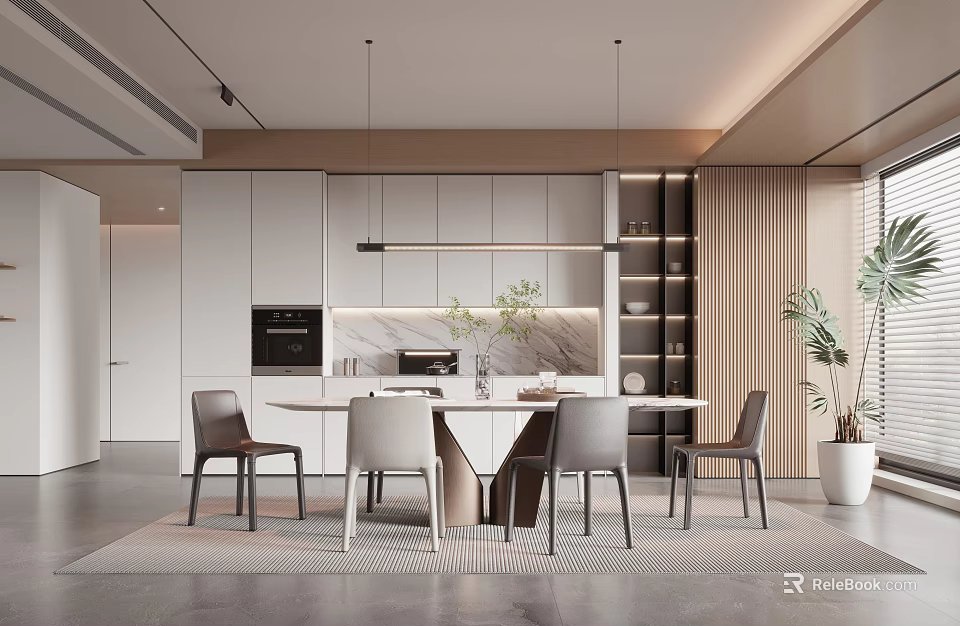 Elegant Modern Restaurant Interior Design With Dining Table Chairs Hanging Lights And Cabinets 3d model