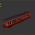 Red Vintage Tram Model With Multiple Windows And Roof Wires On Gray Background