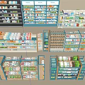 Neatly Arranged Pharmacy Display Shelves With Multi Tiered Racks And Various Products
