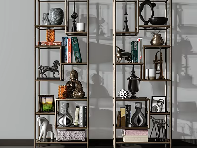 Modern Metal Shelving Unit With Decorative Books Sculptures Vases And Photo Frames 3d model