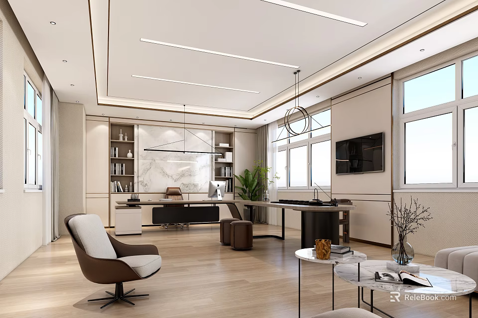 Modern Office Interior Design With Furniture Lighting Plants And Large Windows 3d model 