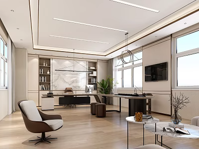Modern Office Interior Design With Furniture Lighting Plants And Large Windows 3d model