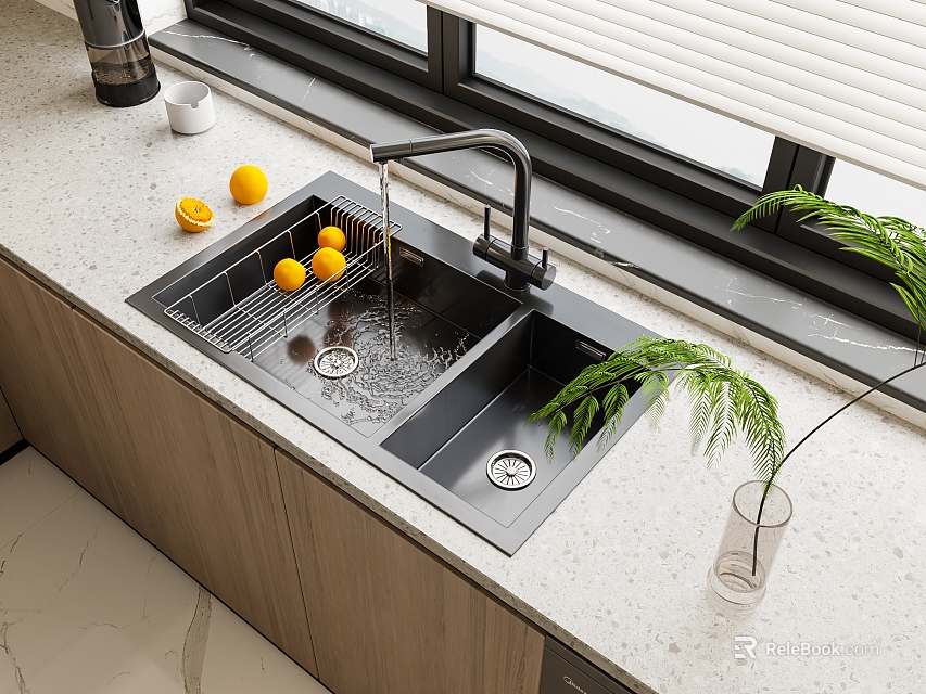 Modern Kitchen Sink With Double Bowl Drainer Rack Lemons Faucet And Light Countertop 3d model 