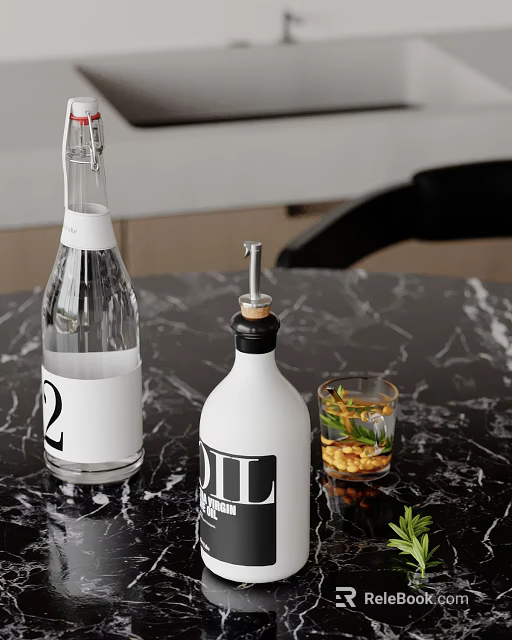 Modern Kitchen With Black Marble Countertop Transparent Water Bottle White Container And Glass With Nuts 3d model 