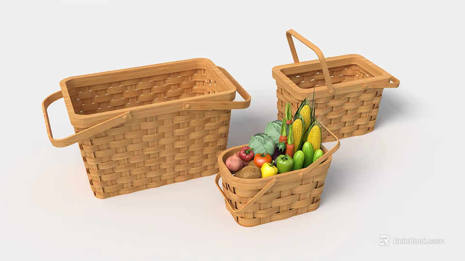 Wicker Storage Baskets with Fresh Vegetables and Fruits for Home Use 3d model 