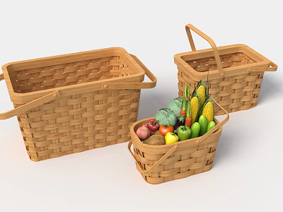Wicker Storage Baskets with Fresh Vegetables and Fruits for Home Use 3d model