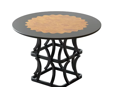 Round Dining Table with Black Border and Brown Patterned Top and Black Geometric Cut-out Legs 3d model
